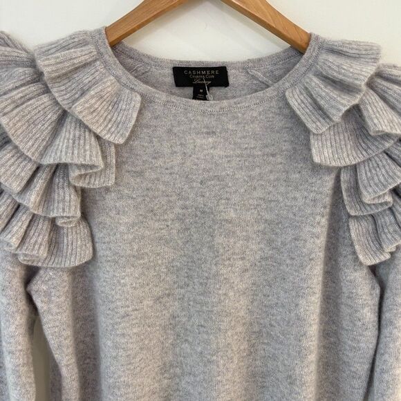 Charter Club Luxe 100% Cashmere Ruffled Crewneck Sweater Womens Size M Gray NWT - Picture 2 of 8